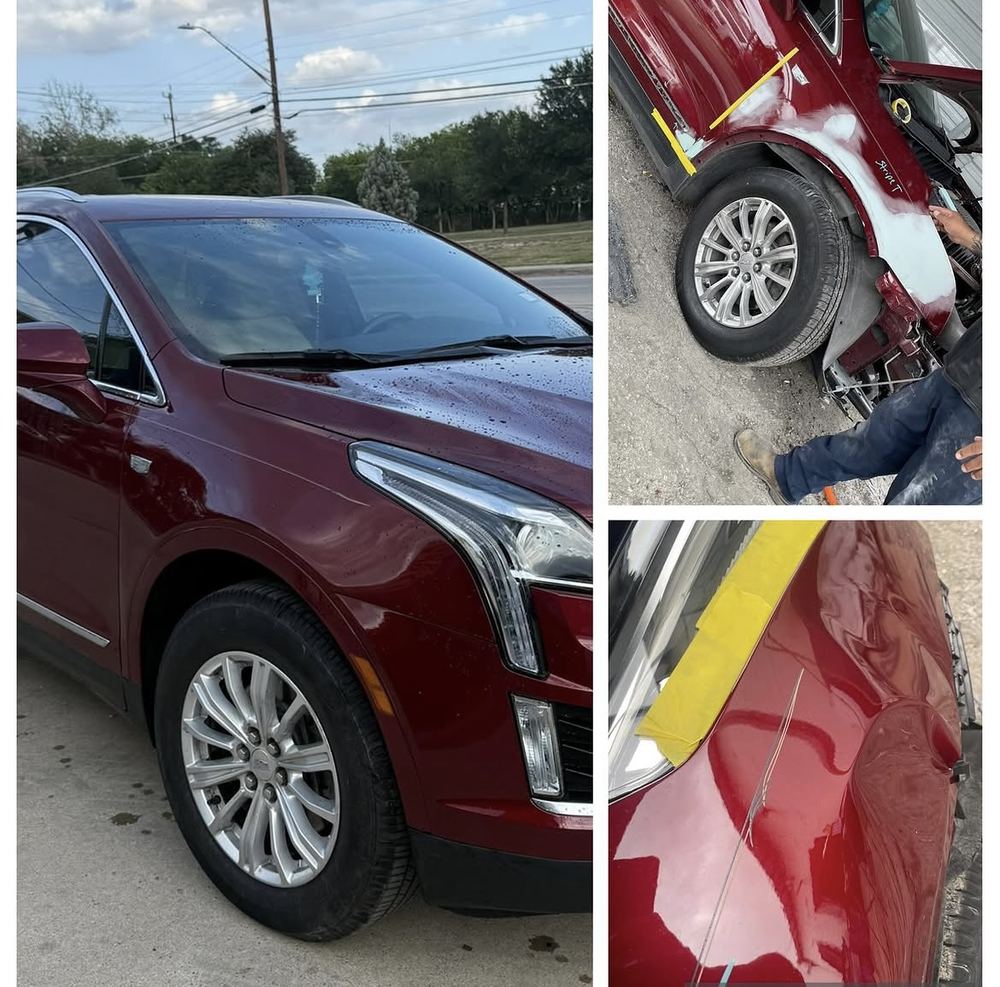 Red Cadillac SUV fender and door collision damage before repair, San Antonio